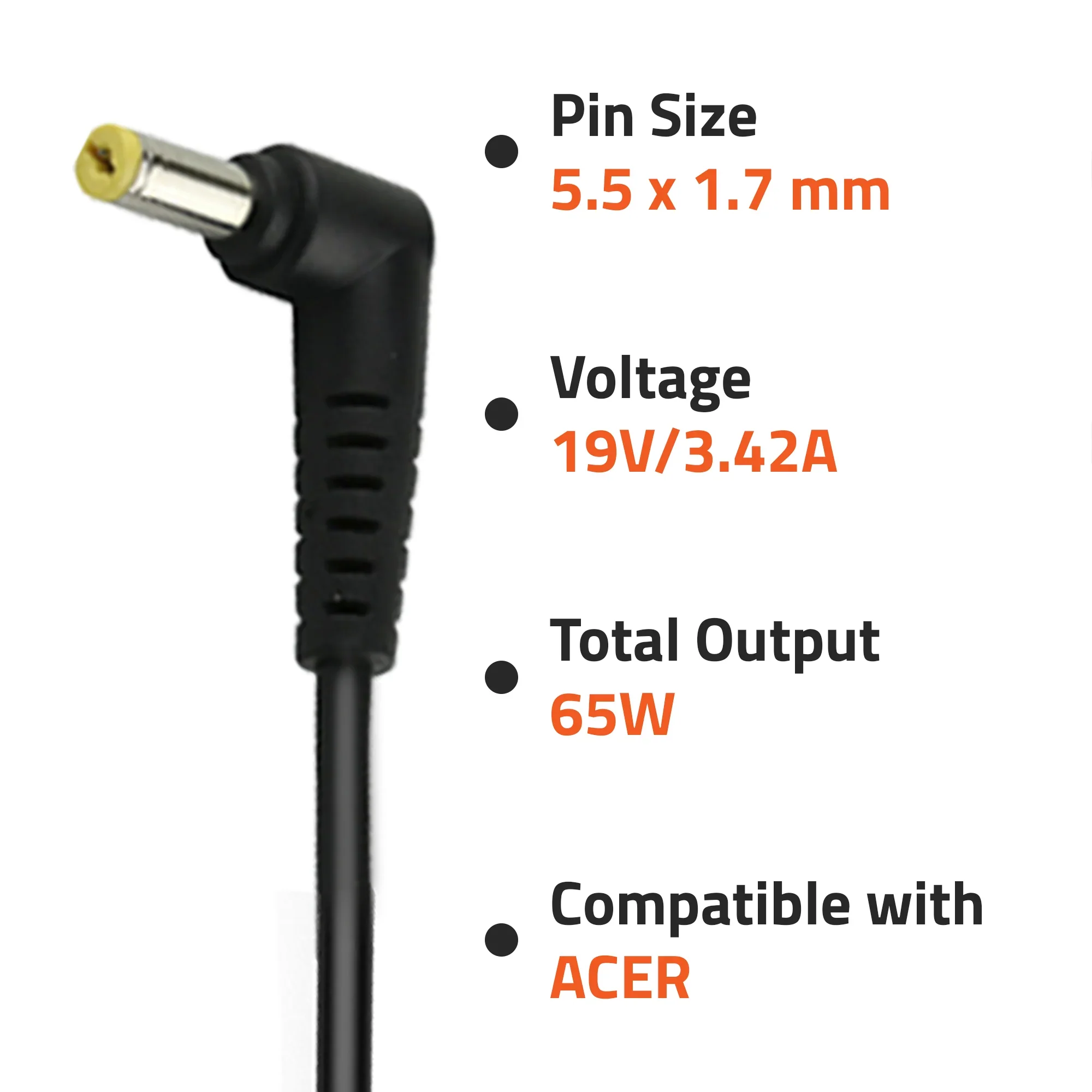 Hi-Lite Essentials 19V 3.42A Power Adapter for Acer Aspire, Gateway Laptop -Yellow Pin - Image 2
