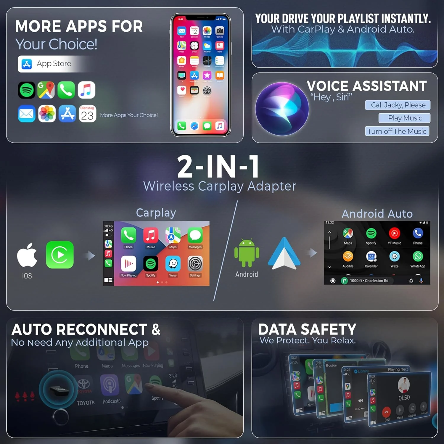 2 in 1 Airlink Wireless CarPlay Adapter | Android Auto Adapter for Car | Convert Wired to Wireless,Bluetooth Connectivity for Cars, OEM Installed Wired Android Auto/CarPlay (Black) - Image 7