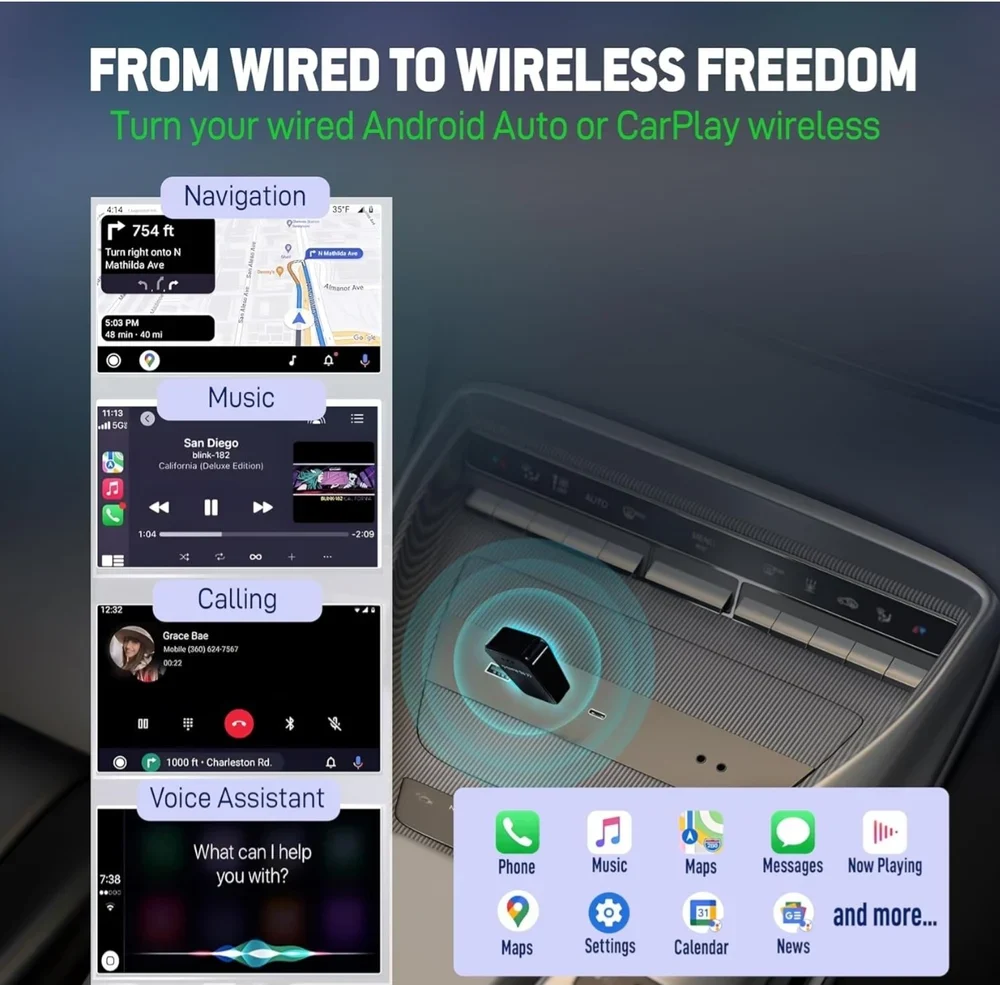 2 in 1 Airlink Wireless CarPlay Adapter | Android Auto Adapter for Car | Convert Wired to Wireless,Bluetooth Connectivity for Cars, OEM Installed Wired Android Auto/CarPlay (Black) - Image 9