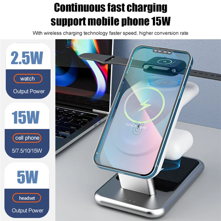 3-in-1 15W Magnetic Wireless Charger, for iPhone 12 / 13 / 14 Series / iWatch / AirPods Alloy+PC Desktop Charging Stand - Image 3