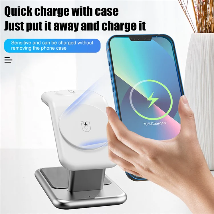 3-in-1 15W Magnetic Wireless Charger, for iPhone 12 / 13 / 14 Series / iWatch / AirPods Alloy+PC Desktop Charging Stand - Image 4