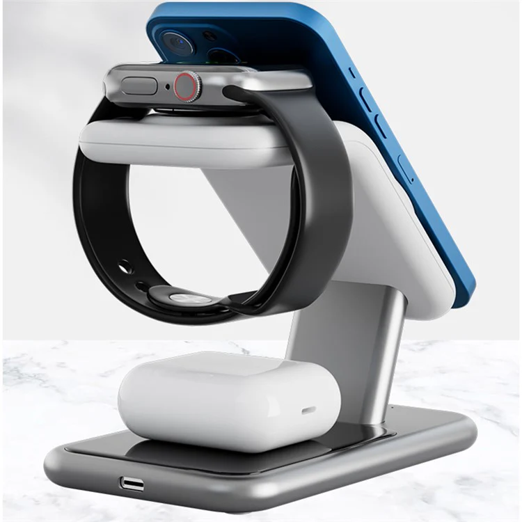 3-in-1 15W Magnetic Wireless Charger, for iPhone 12 / 13 / 14 Series / iWatch / AirPods Alloy+PC Desktop Charging Stand - Image 5