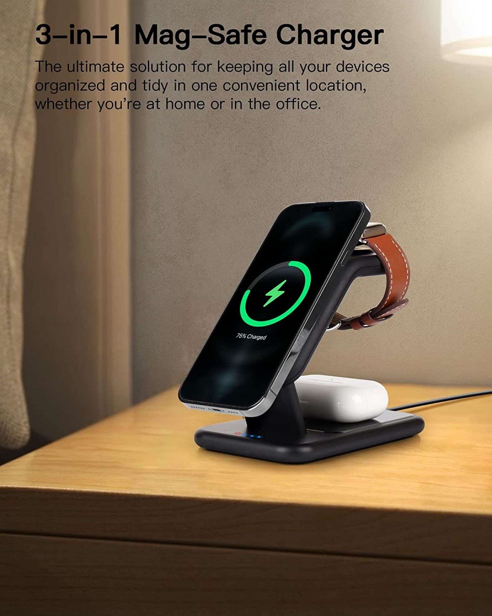 3-in-1 15W Magnetic Wireless Charger, for iPhone 12 / 13 / 14 Series / iWatch / AirPods Alloy+PC Desktop Charging Stand - Image 6