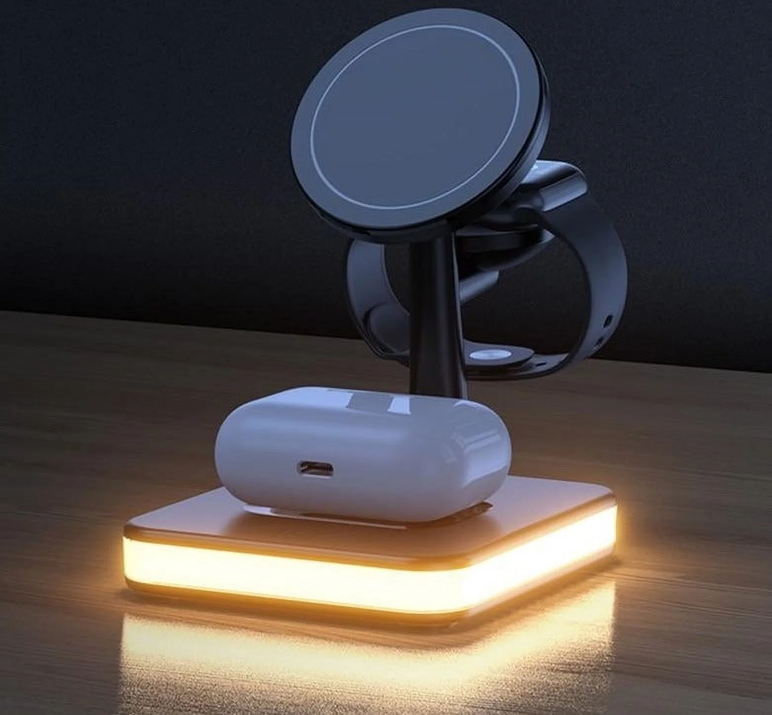 4-in-1 Magnetic Wireless Charger Stand Dock for iPhone 12 / 13 / 14 Series / iWatch / AirPods Alloy+PC Desktop Charging Stand - Image 2