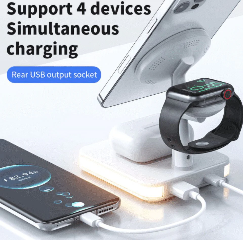 4-in-1 Magnetic Wireless Charger Stand Dock for iPhone 12 / 13 / 14 Series / iWatch / AirPods Alloy+PC Desktop Charging Stand - Image 3