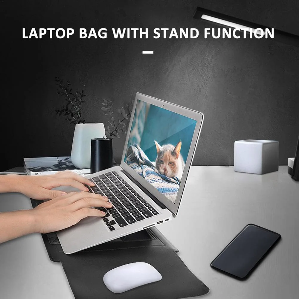 (Grey) Laptop Leather Sleeve with Case Stand Feature, Mouse and Charger case, Compatible with MacBook 13 inch 14 inch All Models - Image 7