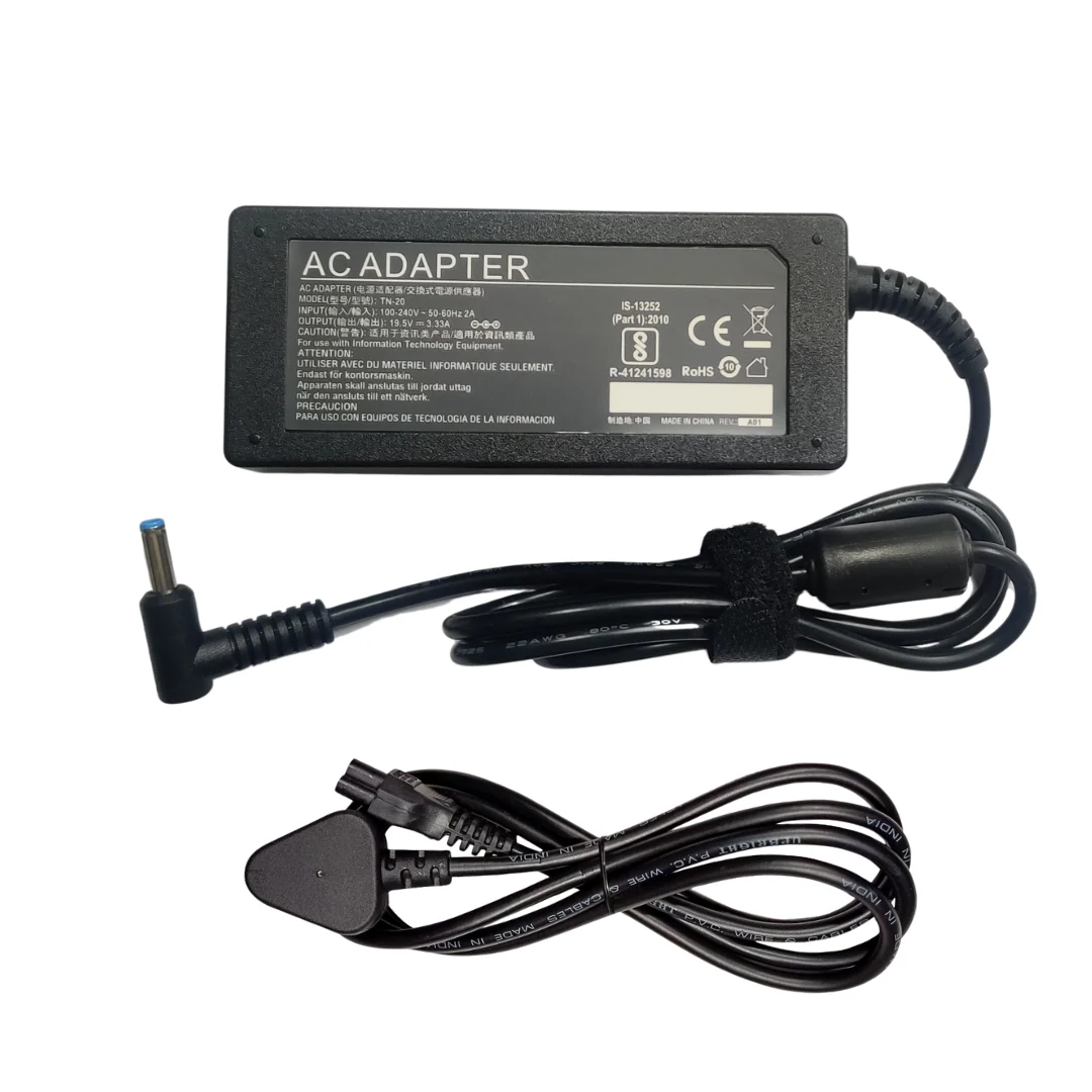 Compatible HP 65W Smart AC Power Adapter Laptop Charger for Select Models of HP Laptops (19.5 V, 3.33 A, Round Pin, 4.5mm x 2.9 mm pin Diameter) - Power Cable Included