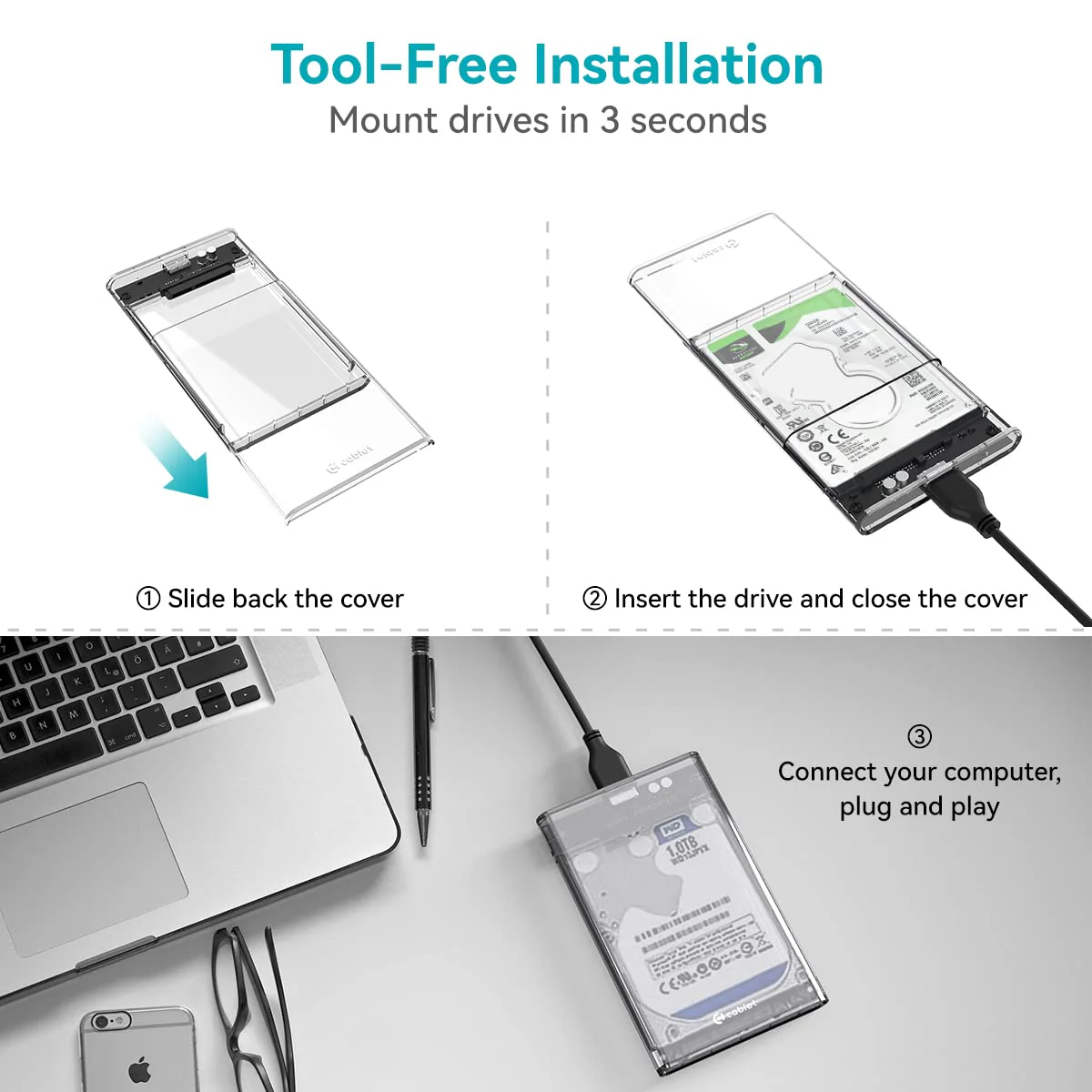 External Portable USB 3.0 to SATA Transparent Hard Drive Enclosure for 2.5 Inch SATA HDD/SSD below 9.5mm Thickness, Supports UASP SATA III, Max 6TB, Tool-Free Design - Image 4