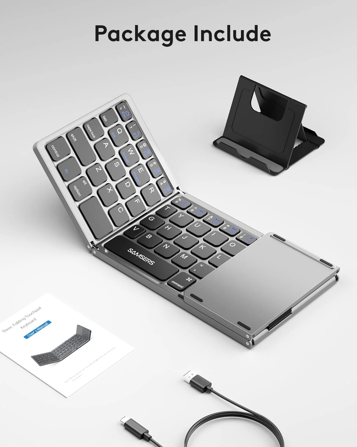 Foldable Bluetooth Keyboard with Touchpad - Portable Wireless Keyboard with Stand Holder, Rechargeable Full Size Ultra Slim Pocket Folding Keyboard for Android Windows IOS Tablet & Laptop-Gray - Image 3