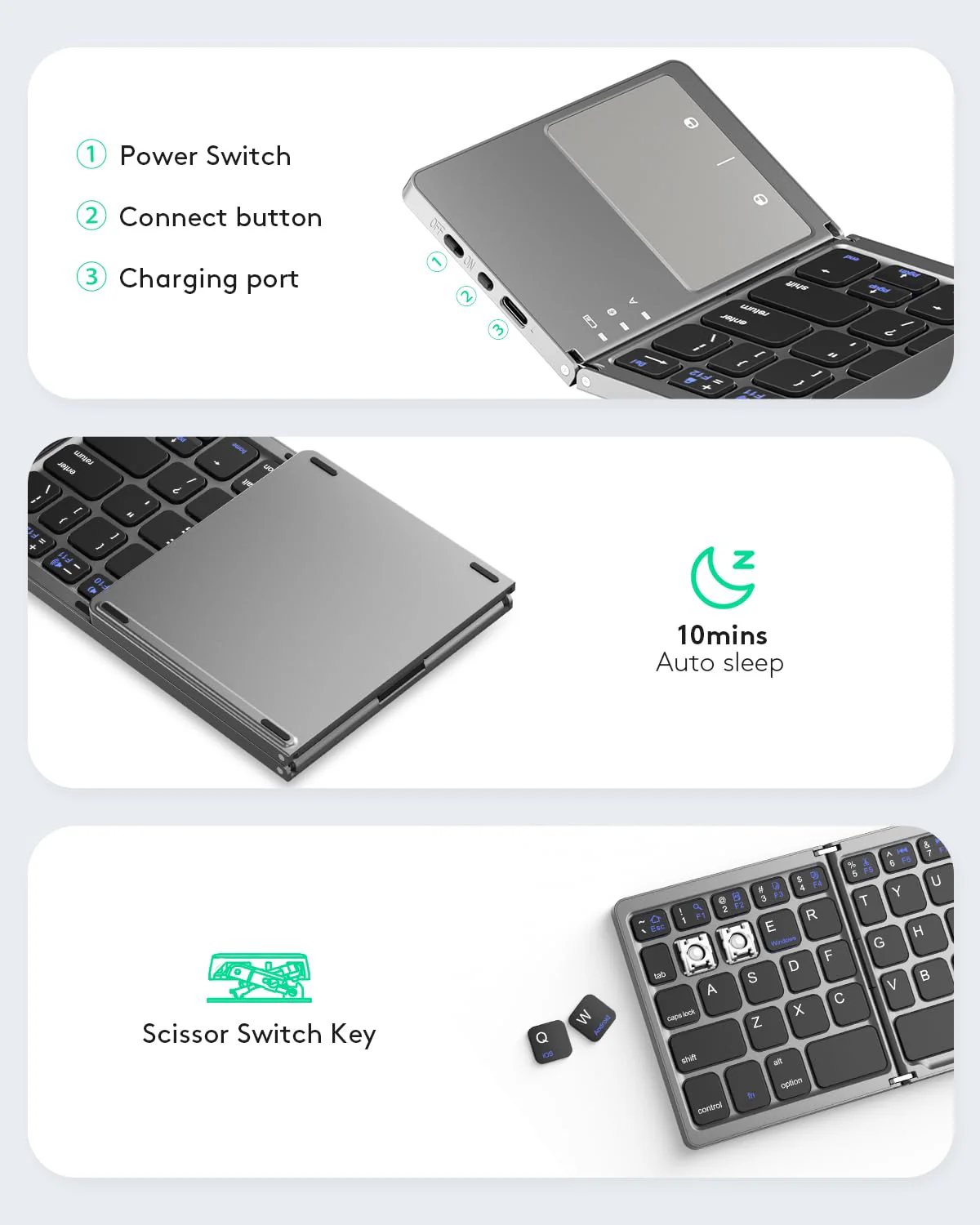 Foldable Bluetooth Keyboard with Touchpad - Portable Wireless Keyboard with Stand Holder, Rechargeable Full Size Ultra Slim Pocket Folding Keyboard for Android Windows IOS Tablet & Laptop-Gray - Image 6