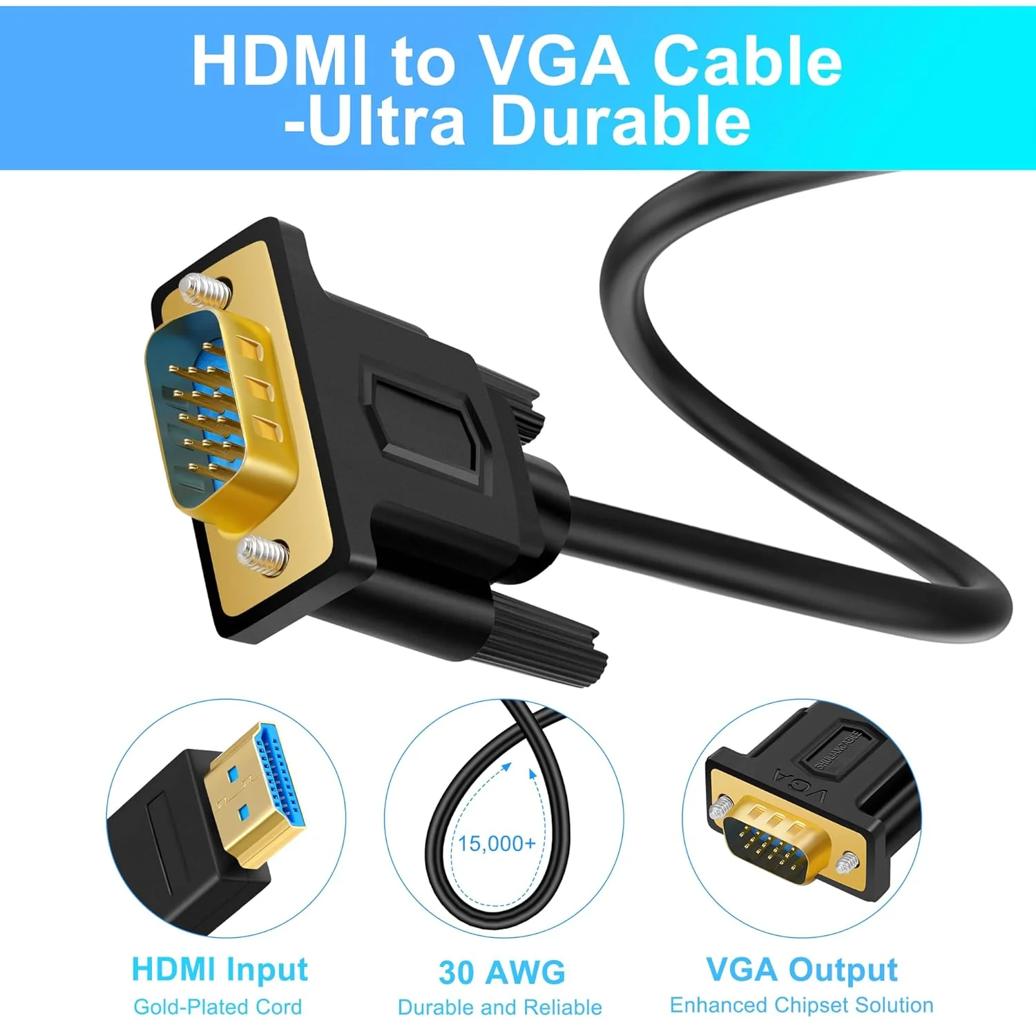 HDMI to VGA Cable 1.5M, Unidirectional Video Adapter (Male to Male) Compatible for Raspberry Pi, Roku,Computer, Desktop, Laptop, PC, Monitor, Projector, HDTV - Image 3