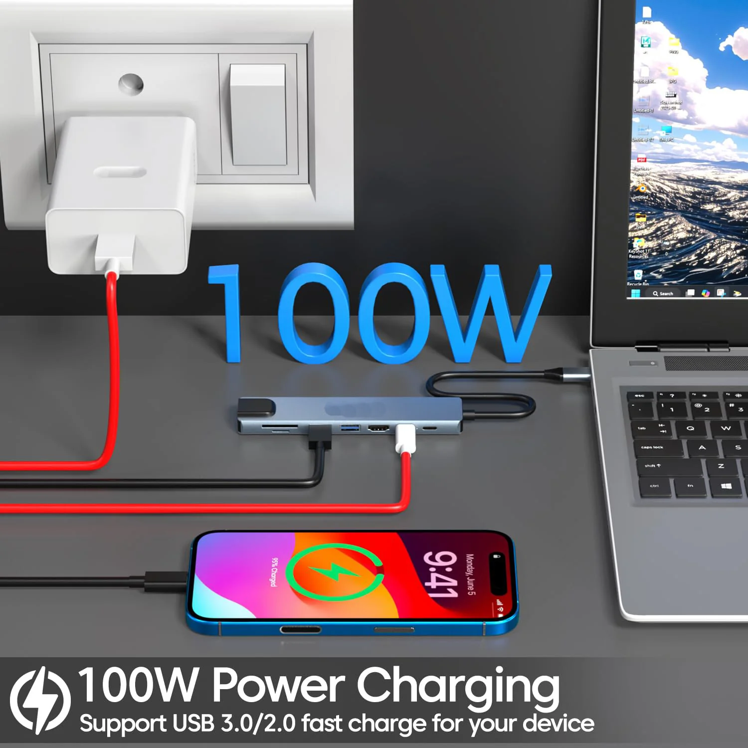 Hi-Lite Essentials 8-in-1 USB-C Hub Dock | Premium Aluminum Type-C Adapter with 4K HDMI, 100Mbps Ethernet, USB 3.0, 100W PD Charging, TF/SD Card Reader | Universal for Mac & Windows USB-C Devices - Image 3