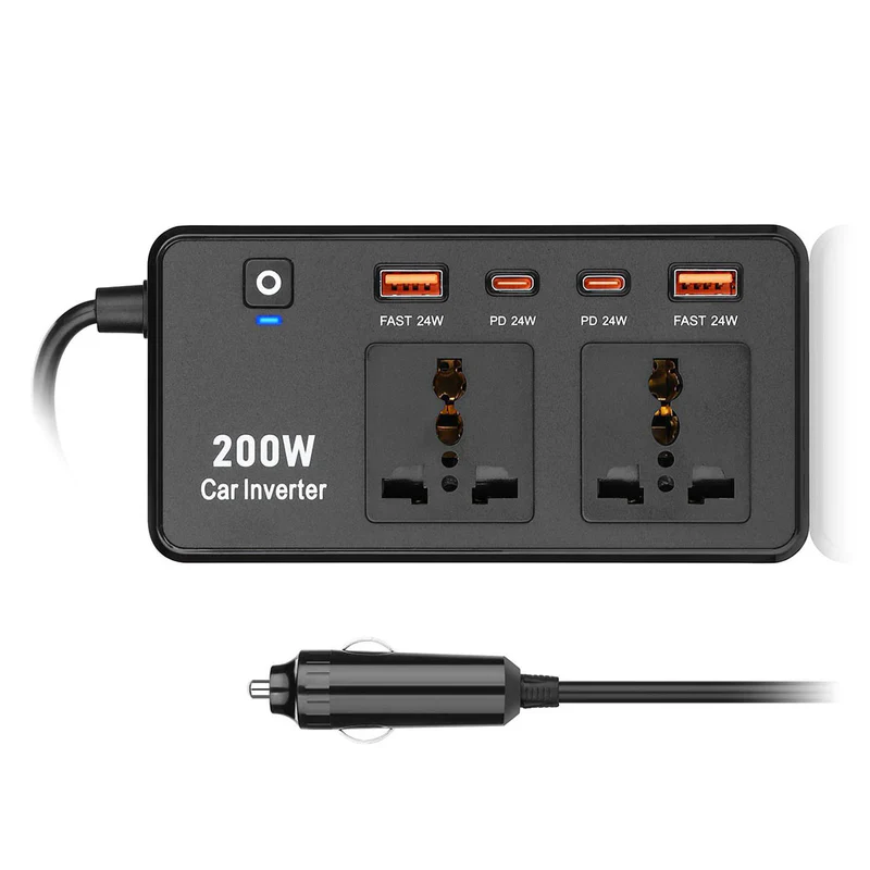 Hi-Lite Essentials DC to AC 200W Car Inverter, Compact Design, 50Hz Output Frequency, 2 Sockets, 2 USB-C, 2 USB-A - Black