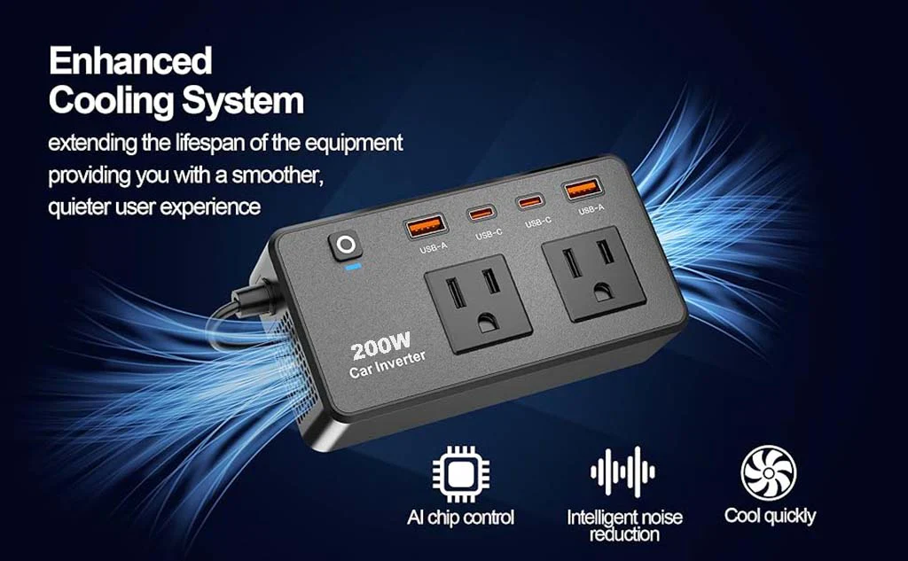 Hi-Lite Essentials DC to AC 200W Car Inverter, Compact Design, 50Hz Output Frequency, 2 Sockets, 2 USB-C, 2 USB-A - Black - Image 2