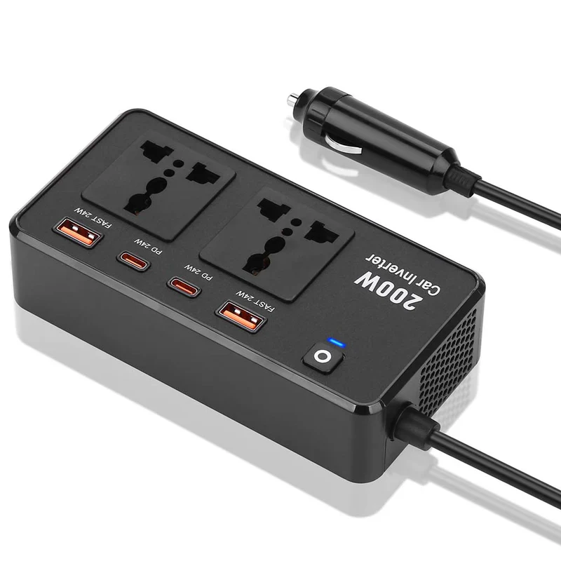 Hi-Lite Essentials DC to AC 200W Car Inverter, Compact Design, 50Hz Output Frequency, 2 Sockets, 2 USB-C, 2 USB-A - Black - Image 5