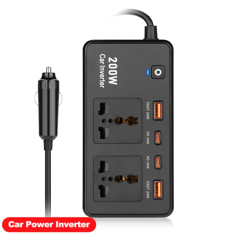 Hi-Lite Essentials DC to AC 200W Car Inverter, Compact Design, 50Hz Output Frequency, 2 Sockets, 2 USB-C, 2 USB-A - Black - Image 6
