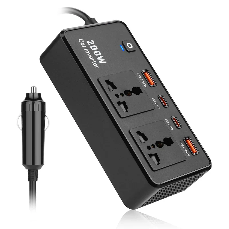 Hi-Lite Essentials DC to AC 200W Car Inverter, Compact Design, 50Hz Output Frequency, 2 Sockets, 2 USB-C, 2 USB-A - Black - Image 9