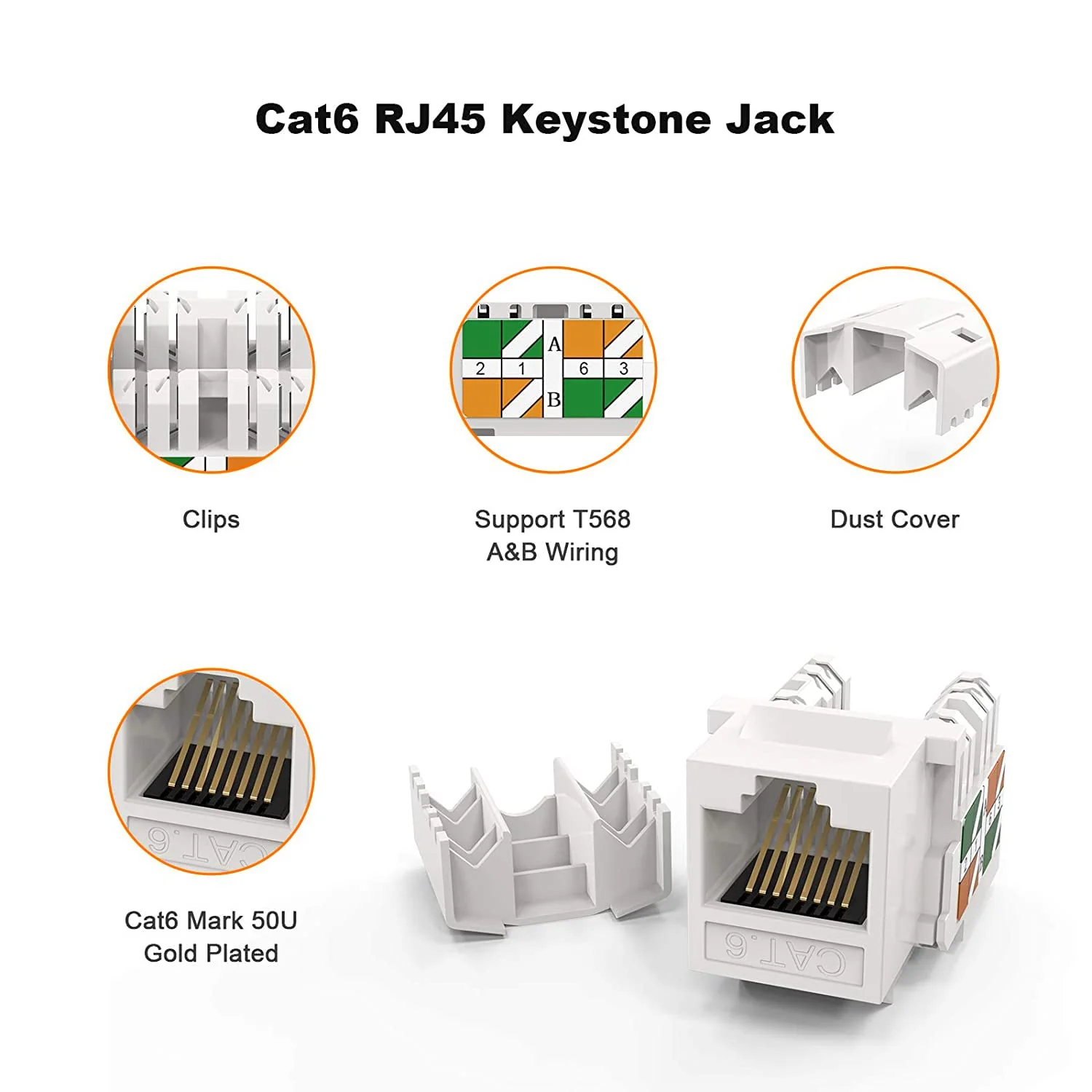 Hi-Lite Essentials Keystone RJ45 Connector, Cat6 Keystone Jacks Ethernet Cable Ends Keystone Modular Female Connectors Network Plug,White - Image 3