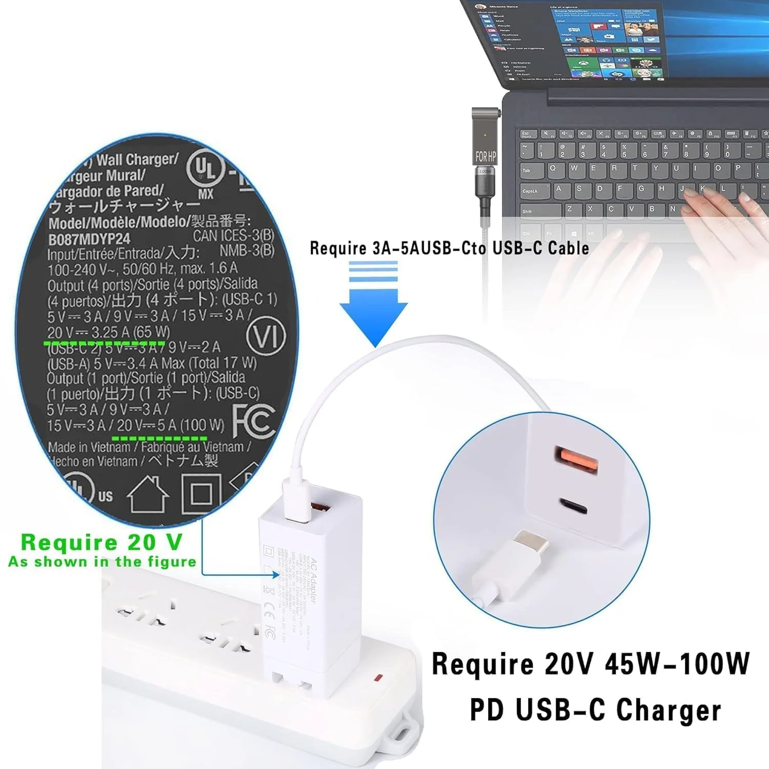 Hi-Lite Essentials USB Type C to HP Moti Pin Laptop Charging Converter, 7.4 x 5.0mm (0.6mm Pin), 100W PD Converter (Does not work with mobile charger) - Image 3