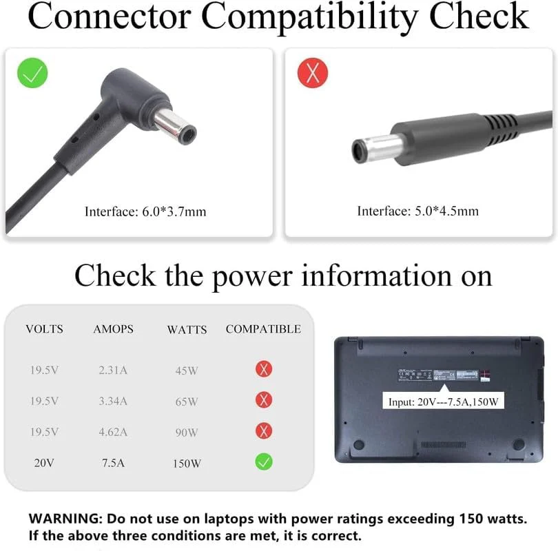 Laptop Adapter for Asus 150W 20V 7.5A Laptop Charger Adapter AC Power Charger (Connector size:6.0*3.7mm) - Power Cable Included - Image 2