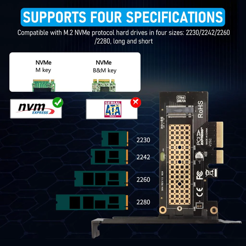 M.2 NVMe to PCI-E X4 Adapter High Speed M.2 NVMe to PCI-E X4 Adapter Universal M.2 NVMe to PCI-E X4 Interface Compatible with M.2 NVme2230/2242/2260/2280 - Image 3