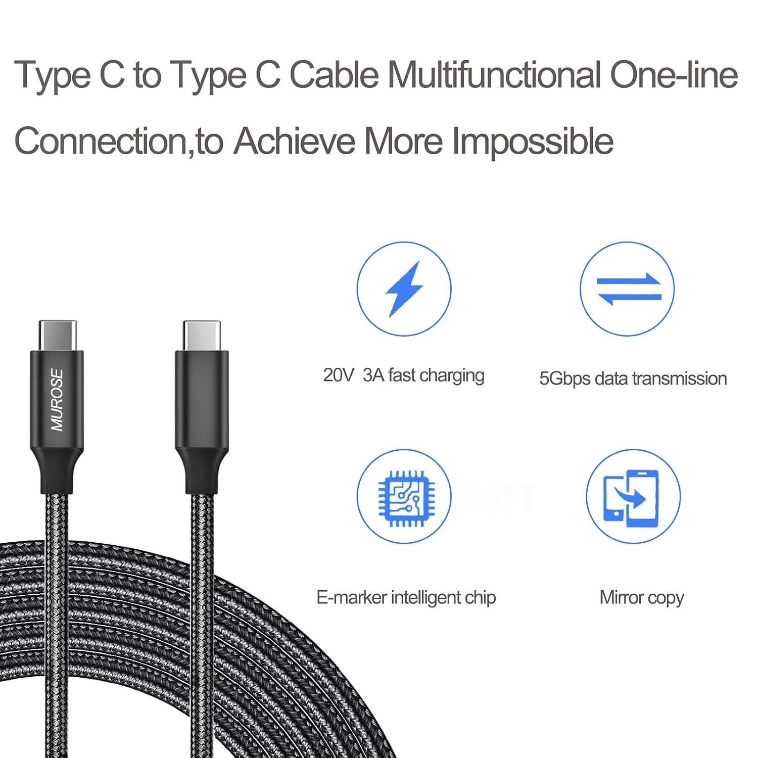 MUROSE USB C Cable to USB C 14.8 FT (About 4.5 M) Video Transmission/ Data Transfer/ Charging Cord with E-Marker Chipset, Compatible with Dell, MacBook, Gaming Box, etc. - Image 3