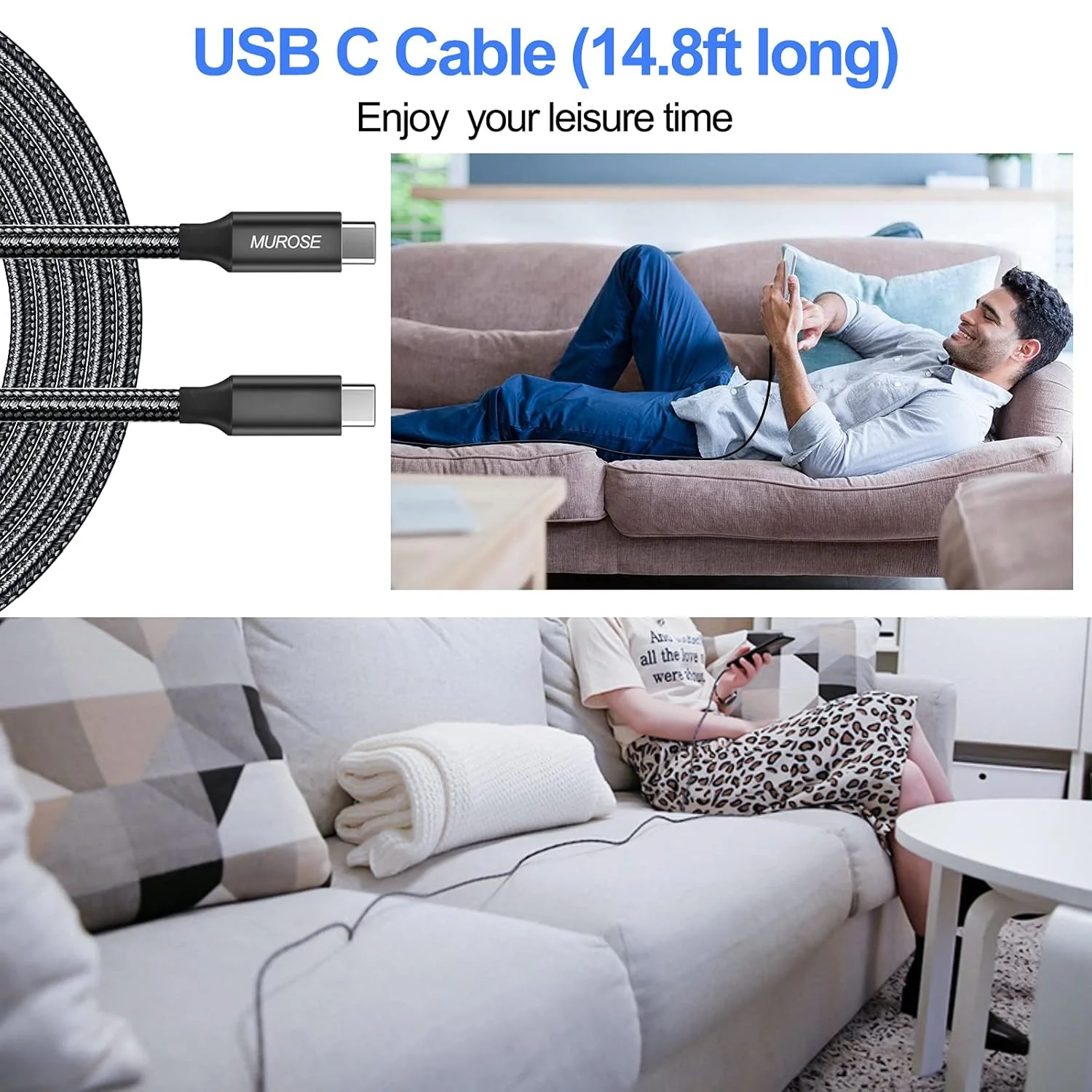 MUROSE USB C Cable to USB C 14.8 FT (About 4.5 M) Video Transmission/ Data Transfer/ Charging Cord with E-Marker Chipset, Compatible with Dell, MacBook, Gaming Box, etc. - Image 5