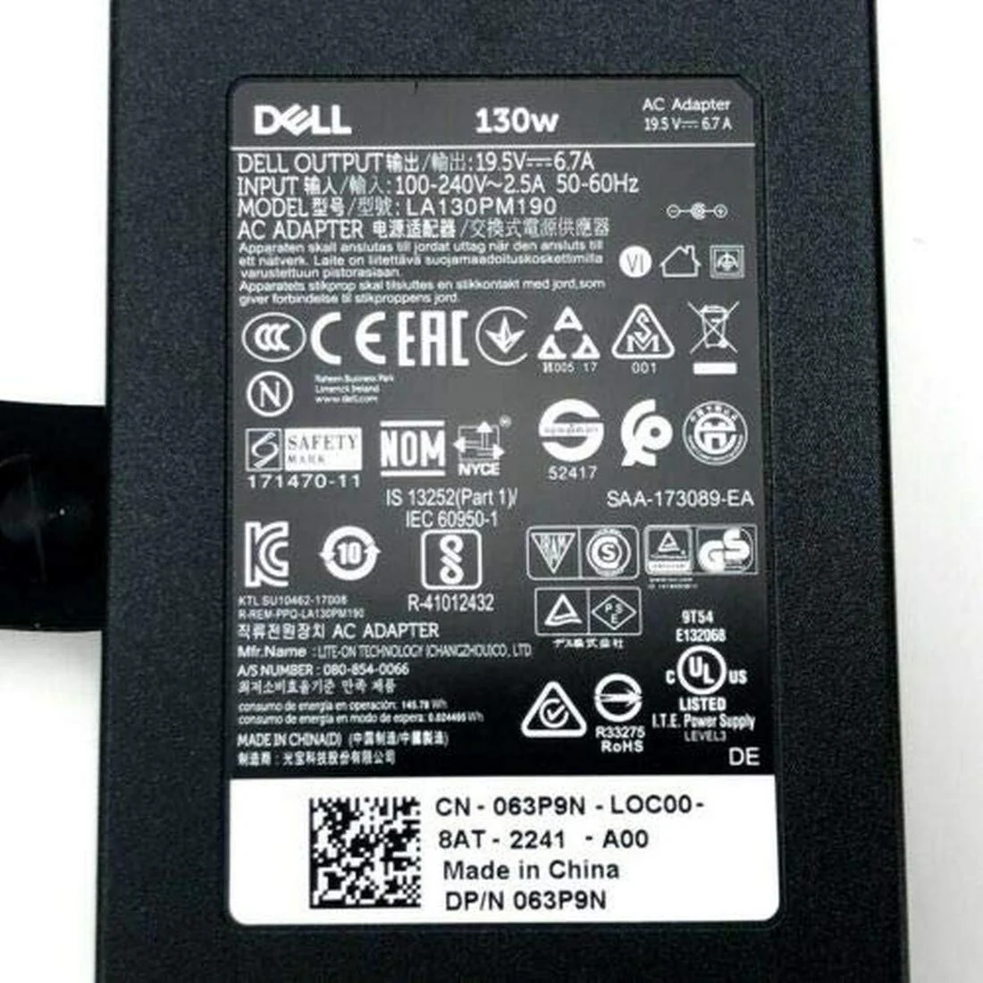 OEM Dell 130W Slim 7.4 MM Pin Laptop Charger Adapter For Alienware, Inspiron 15, Latitude, Precision And Vostro 15 Models - Black With Power Cord - Image 2