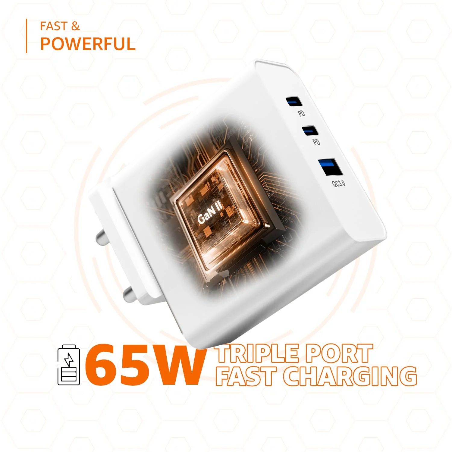 (Open Box) Amazon Basics 65W Triple Port GaN Charger | PD 3.0, QC3.0, QC4.0/PPS Fast Charging Ports | Compact Adapter with Foldable Pins | Compatible with All Flagship Apple/Android Phones and laptops - Image 3