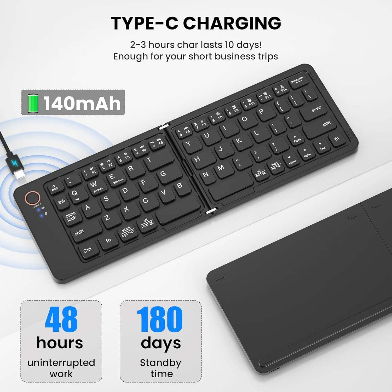 Portable Wireless Multi-Device Two Fold Foldable Keyboard with Phone Holder Bluetooth Handheld Multi-device Keyboard Compatible with Desktop, Laptop, Tablet, iPad, Mac Easy to Use,Plug and Play,Quick, Comfy Durable body  (Black) - Image 3