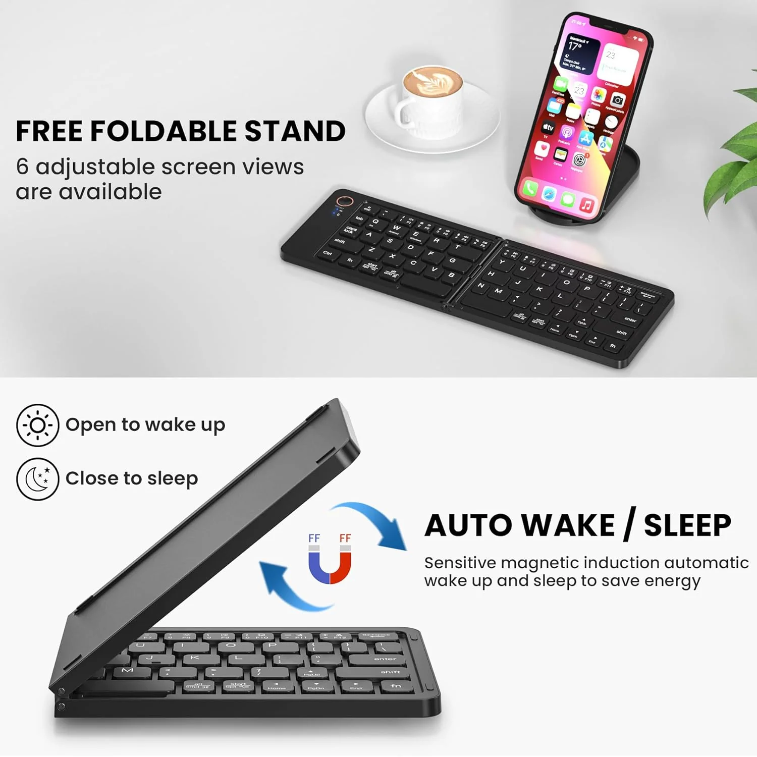 Portable Wireless Multi-Device Two Fold Foldable Keyboard with Phone Holder Bluetooth Handheld Multi-device Keyboard Compatible with Desktop, Laptop, Tablet, iPad, Mac Easy to Use,Plug and Play,Quick, Comfy Durable body  (Black) - Image 4