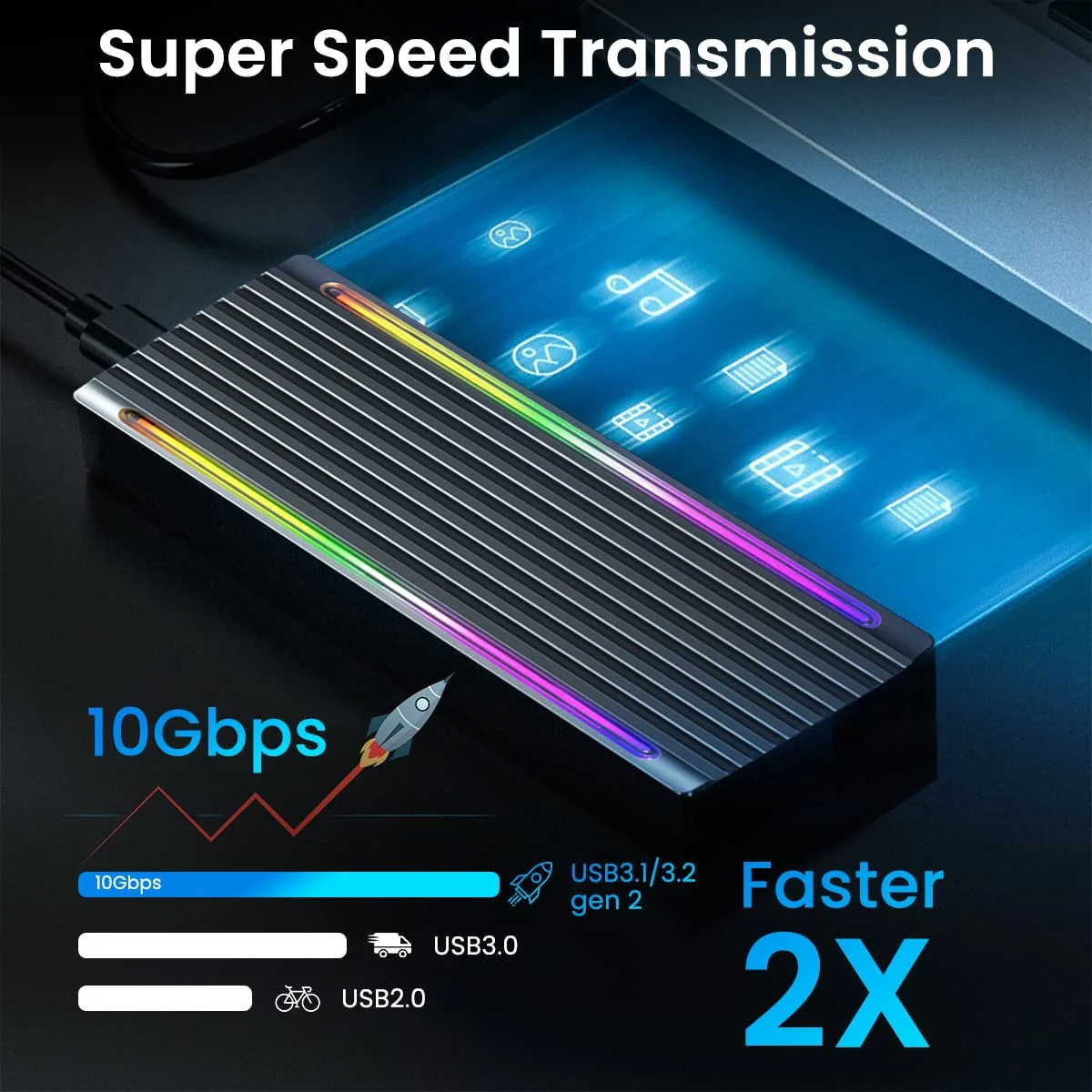 RGB M.2 NVME SATA SSD Enclosure, Dual Protocol RGB Aluminum Alloy SSD Case with USB C 3.1 Gen 2 USB3.0 to M.2 M-Key B+M Key Enclosure, Support Up to 2TB, Fits 2242 2260 2280, USB & USB C Devices - Image 2