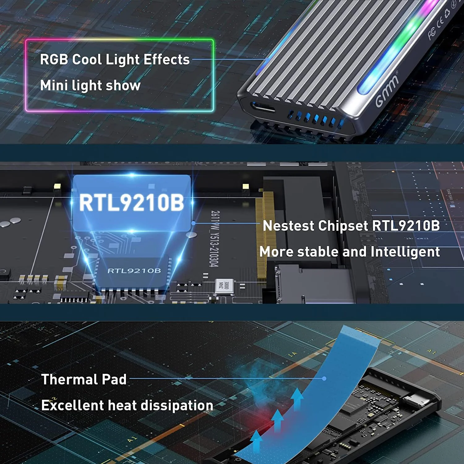 RGB M.2 NVME SATA SSD Enclosure, Dual Protocol RGB Aluminum Alloy SSD Case with USB C 3.1 Gen 2 USB3.0 to M.2 M-Key B+M Key Enclosure, Support Up to 2TB, Fits 2242 2260 2280, USB & USB C Devices - Image 4