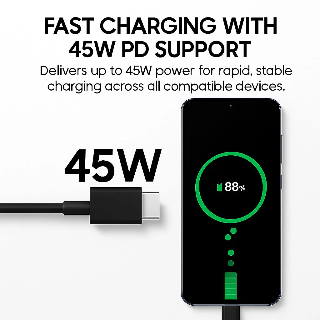 Samsung 45W Original Type C To Type C,Mobile Data Charging Cable For Samsung Galaxy Superfast Power Cable A54/ A15/ A14/ A34/ A23/ F54/ F34/ F23/ F14/ M14/ M34/M33/S21 Fe/S22/S23/S23 Fe 5G/S24, Black - Image 4