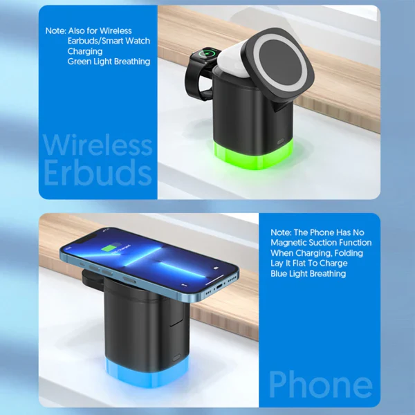 T15 3 in 1 Magnetic Wireless Charger Folding Charging Stand for iPhone iWatch AirPods Cordless Charging Station with RGB Light - Image 3