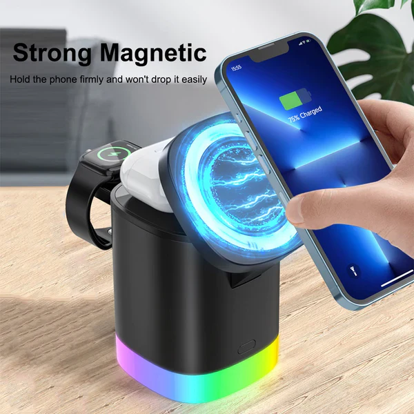 T15 3 in 1 Magnetic Wireless Charger Folding Charging Stand for iPhone iWatch AirPods Cordless Charging Station with RGB Light - Image 4