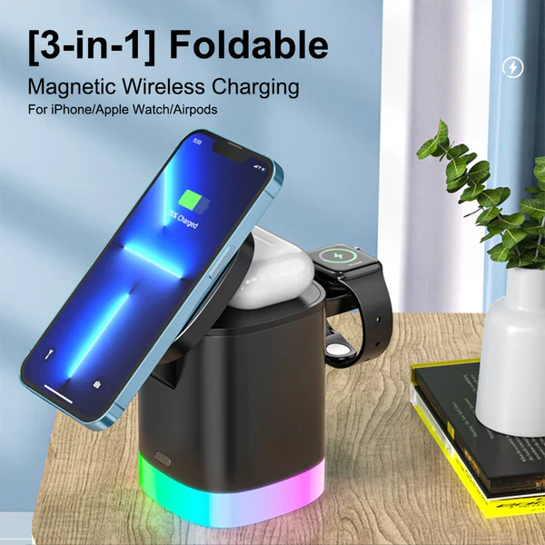 T15 3 in 1 Magnetic Wireless Charger Folding Charging Stand for iPhone iWatch AirPods Cordless Charging Station with RGB Light - Image 5