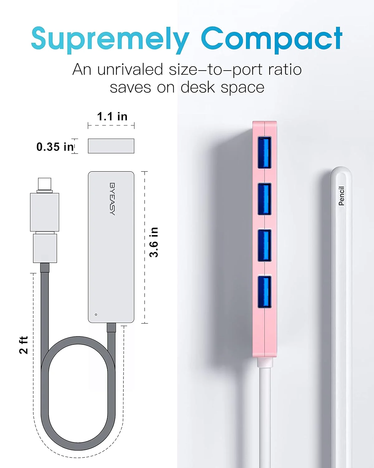 BYEASY USB Hub, USB 3.1 / TYPE C to USB 3.0 Hub with 4 Ports for MacBook, Mac Pro/Mini, iMac, Ps4, PS5, Surface Pro, Flash Drive, Samsung - 2 Ft - Image 4
