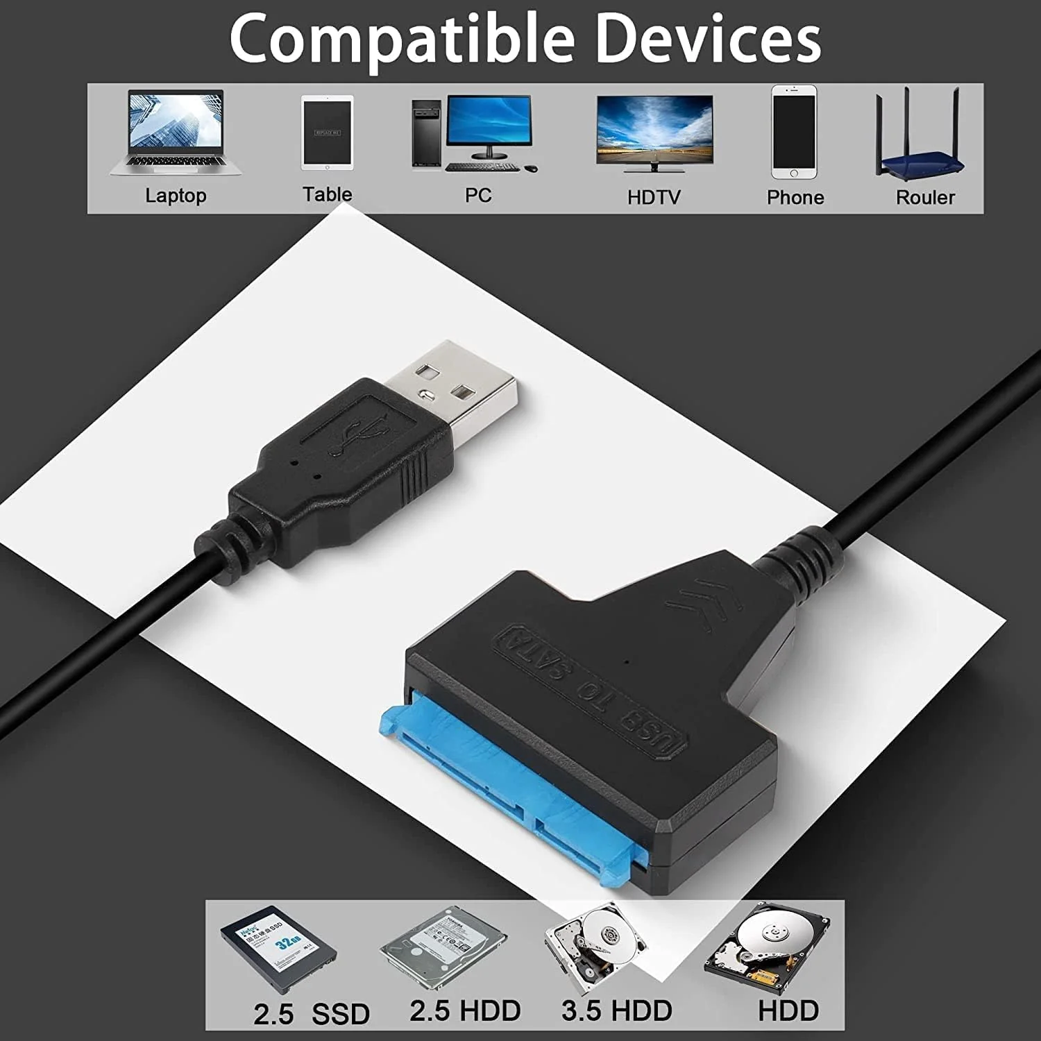 USB TO SATA ADAPTER, USB 3.0 to SATA III Hard Drive Adapter Cable, SATA to USB 3.0 Adapter Cable for 2.5/3.5 inch SSD & HDD Dual USB with 12V/2A DC Port. - Image 3