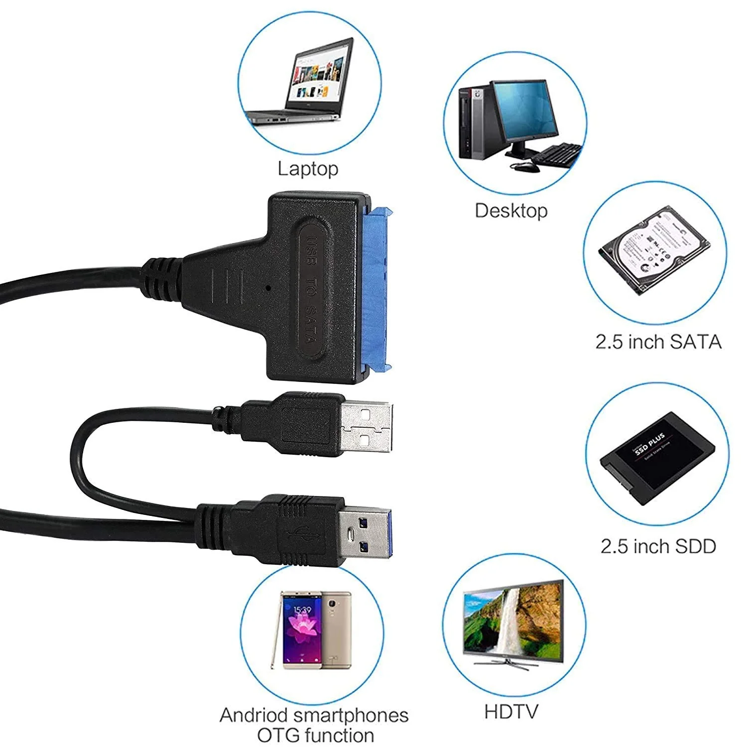USB TO SATA ADAPTER, USB 3.0 to SATA III Hard Drive Adapter Cable, SATA to USB 3.0 Adapter Cable for 2.5/3.5 inch SSD & HDD Dual USB with 12V/2A DC Port. - Image 5