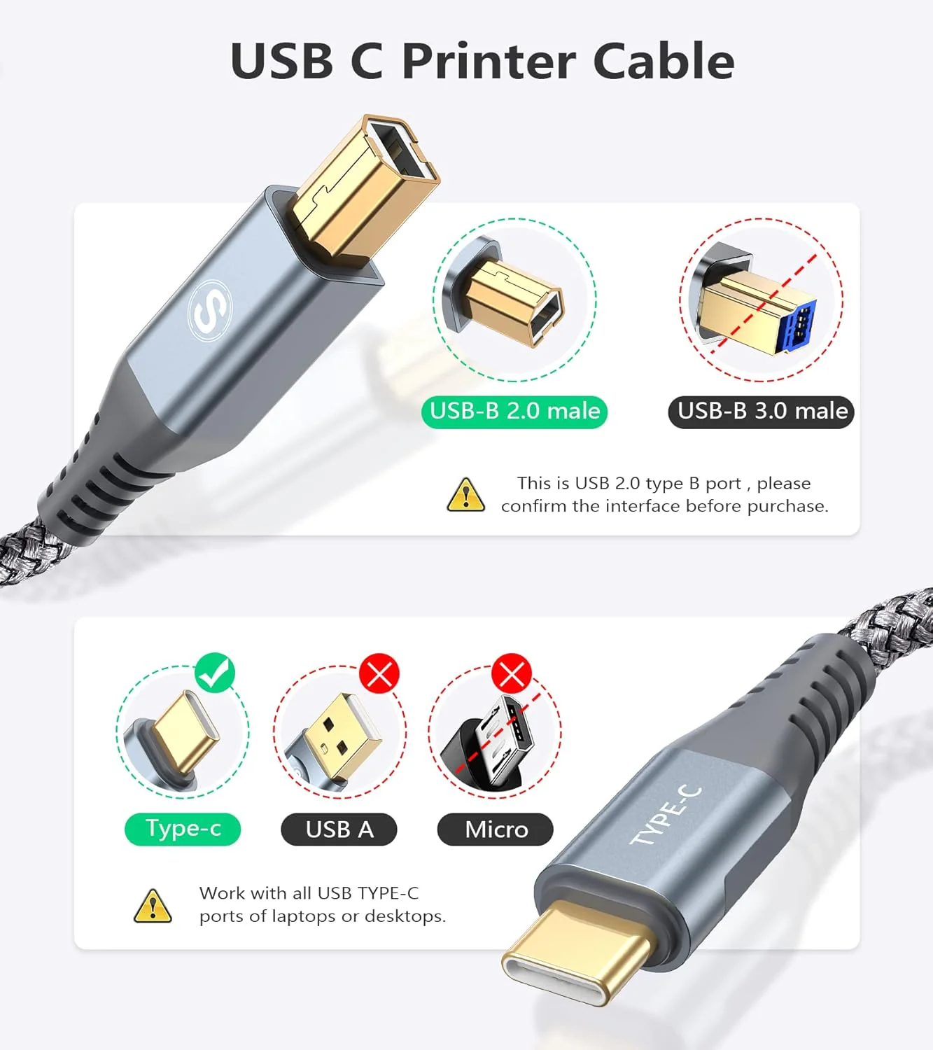 USB Type-C to USB B Printer Cable Nylon Braided for MacBook Pro/Air, HP Epson Canon Brother Lexmark Printers and Scanner - Image 2