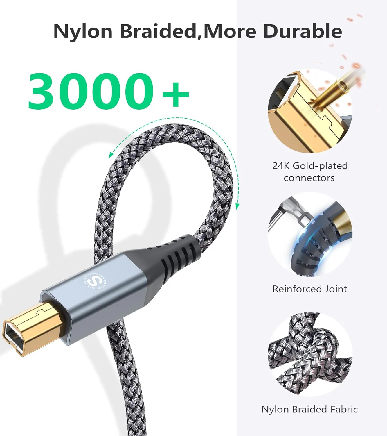 USB Type-C to USB B Printer Cable Nylon Braided for MacBook Pro/Air, HP Epson Canon Brother Lexmark Printers and Scanner - Image 3