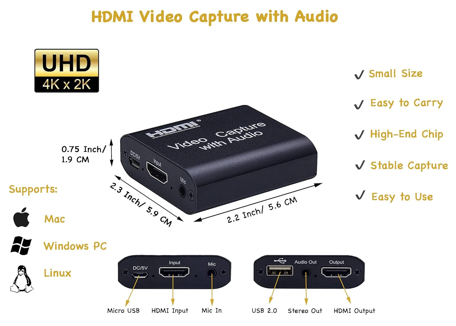 Video Capture Card with Audio,4K Live Streaming HDMI Video Game Capture Grabber Recording Device with Mic Input and Stereo Audio Output for Full HD 1080P 60FPS Acquisition, Live Broadcasting - Image 2